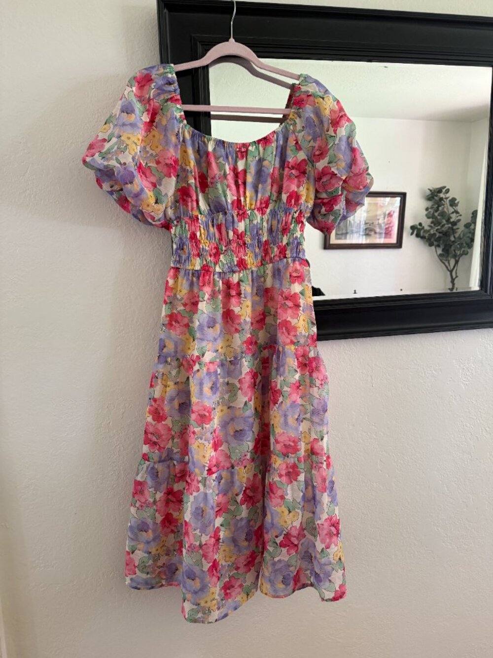 Watercolor Floral Smocked Midi Dress Puff Sleeve Garden Party Pinch Size S